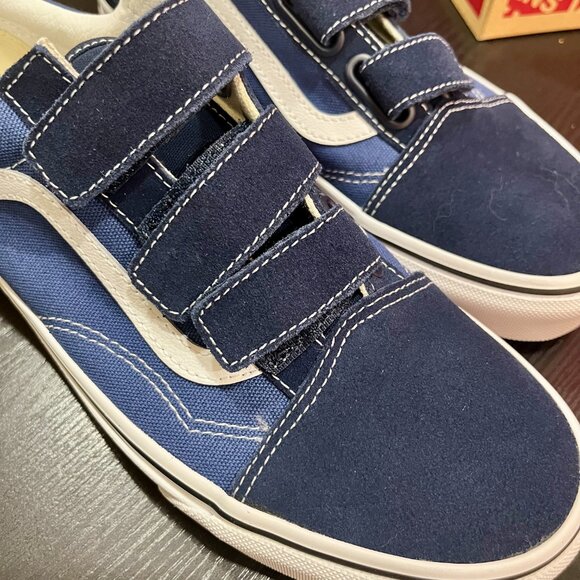 NWT Vans Navy Old Skool V Shoe Velcro Suede Canvas Low Top Side Stripe Unisex - Picture 6 of 10